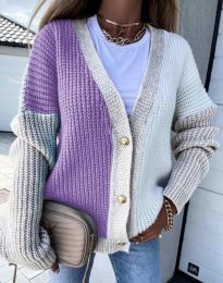 Атрактивна свободна плетена дамска жилетка с копчета в лилаво и бежово - код 9251 - 6