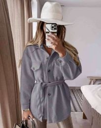 Дамско палто с копчета и колан в сиво - код 6398
