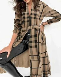 Ефектно дълго дамско палто с ресни и колан в бежово и черно каре - код 2891 - 3